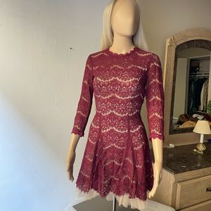 Lace long sleeve dress wine color lined with tule accent hem